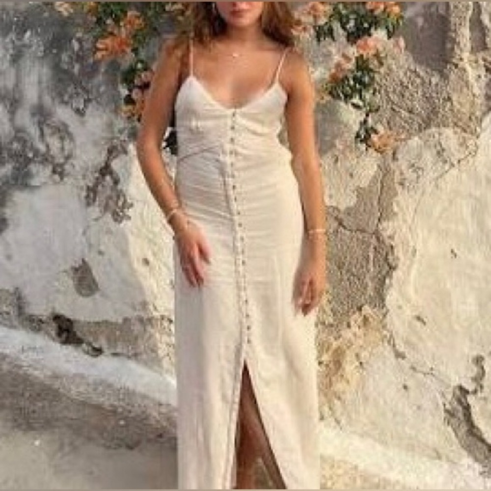 Zara Linen Blend Pintuck Button Front Maxi Dress Size L Raw Linen Oatmeal - Picture 14 of 15